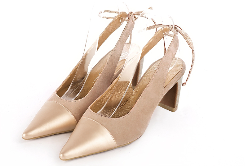 Gold and biscuit beige women's slingback shoes. Pointed toe. Medium comma heels. Front view - Florence KOOIJMAN